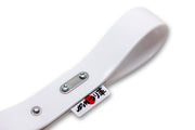 Close-up of the stainless steel screw-type fastener on a white tsurikawa strap.